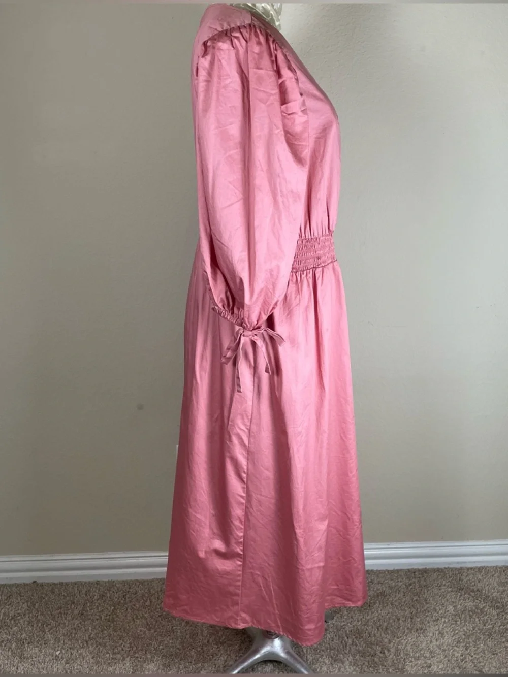 Women’s Pink Summer Casual Midi Dress V-Neck Smocked Beach Vacation Style Sz 18